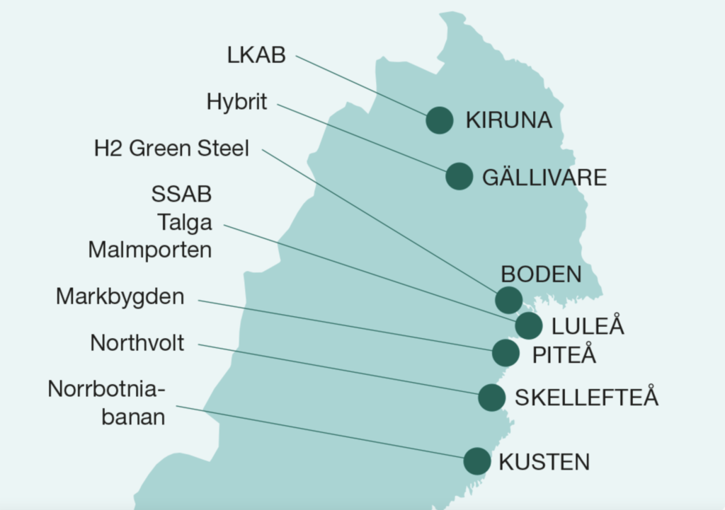 Karta över norra Sverige med orter och företag utplacerade