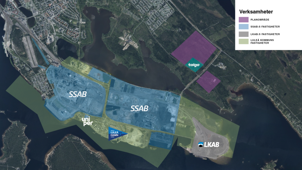 Översiktsskiss Luleå Industripark med markerade verksamhetsområden för SSAB, LKAB, Talga och Luleå Hamn