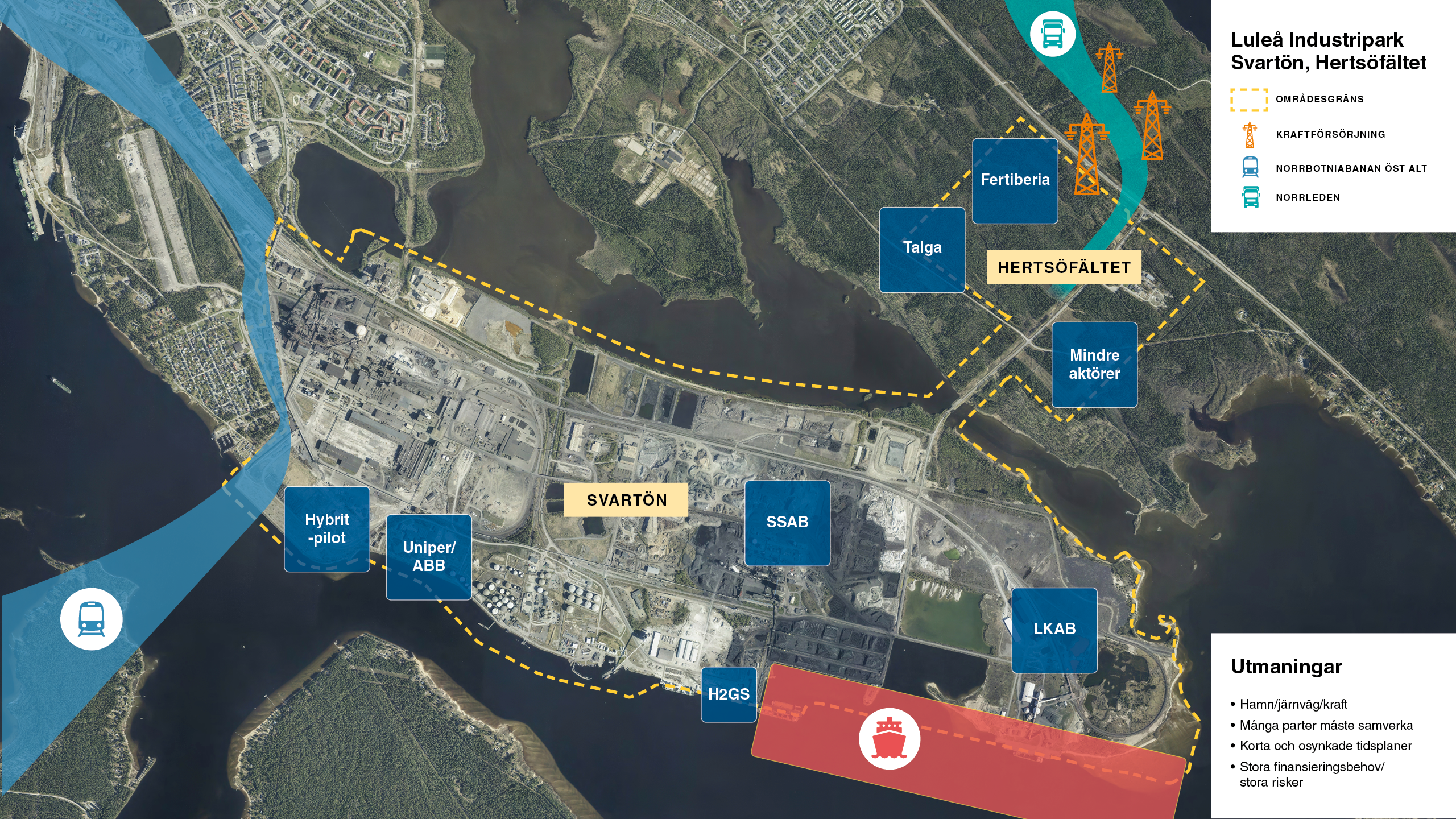Flygbild med kart över planerade byggområden inom Luleå Industripark