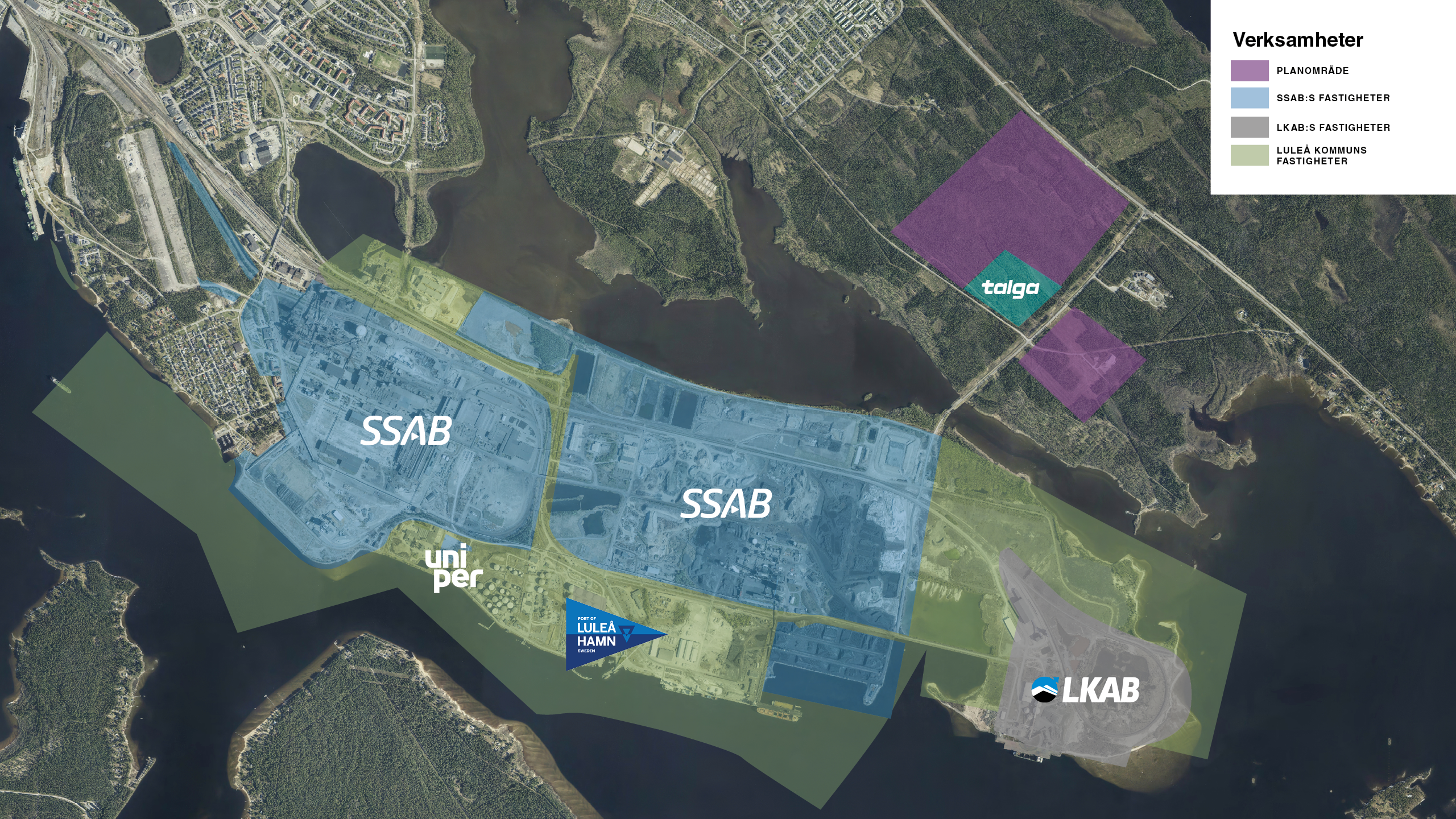 Översiktsskiss Luleå Industripark med markerade verksamhetsområden för SSAB, LKAB, Talga och Luleå Hamn